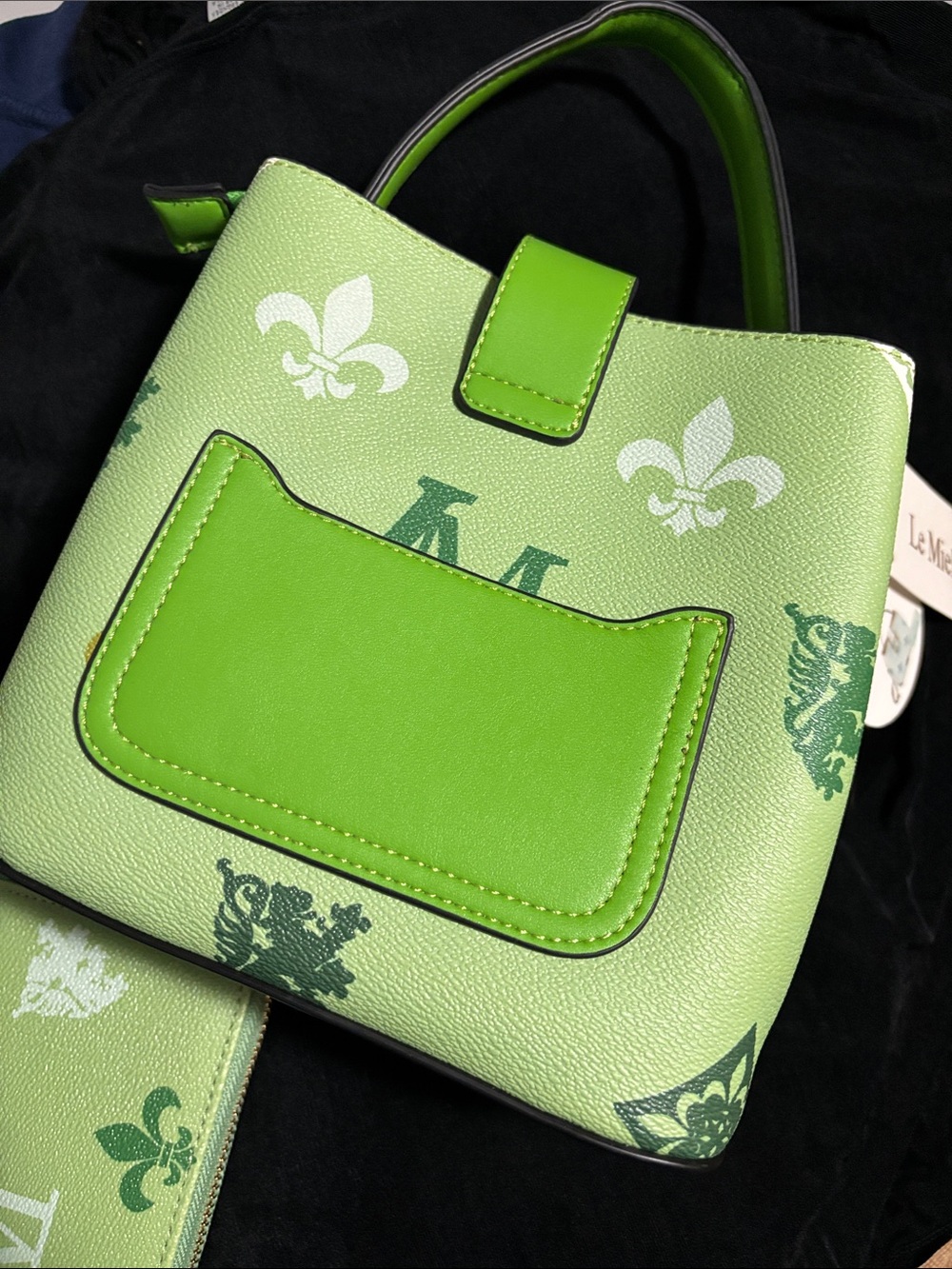 Le Miel Lime Green Patterned Satchel with Gold-Tone Buckle Accent - Picture 5 of 6